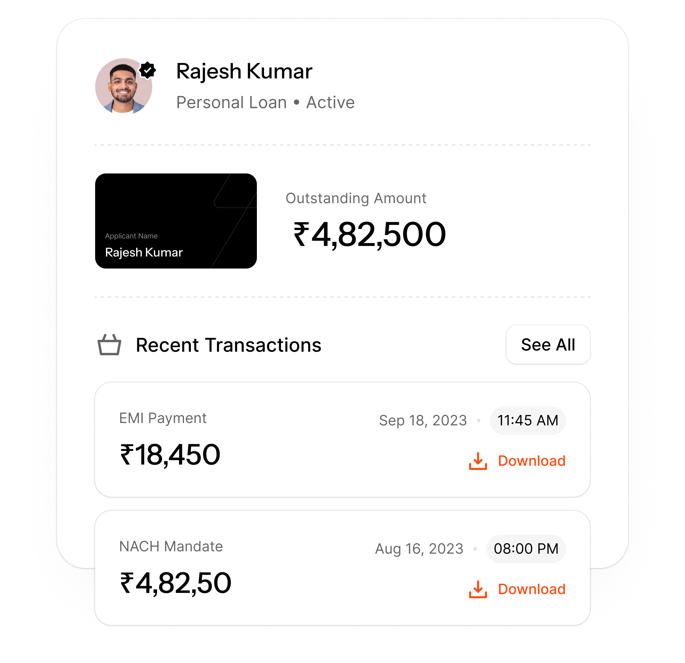 Rajesh Kumar's personal loan: outstanding amount and recent transactions